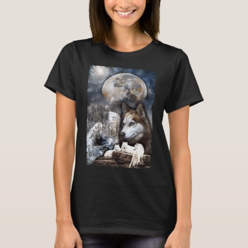 Wolf Family Moon Winter Mountain Wolves T_Shirt