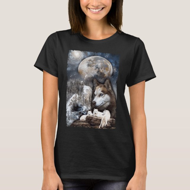 Wolf Family Moon Winter Mountain Wolves T-Shirt (Front)