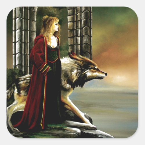 Wolf Fantasy Blonde Sorceress Square Sticker