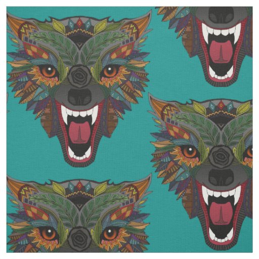 wolf fight flight teal blue fabric