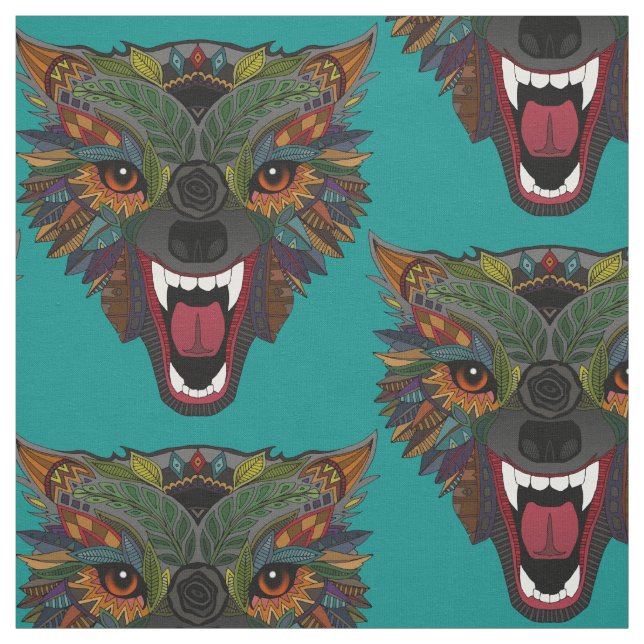 wolf fight flight teal blue fabric (Swatch)
