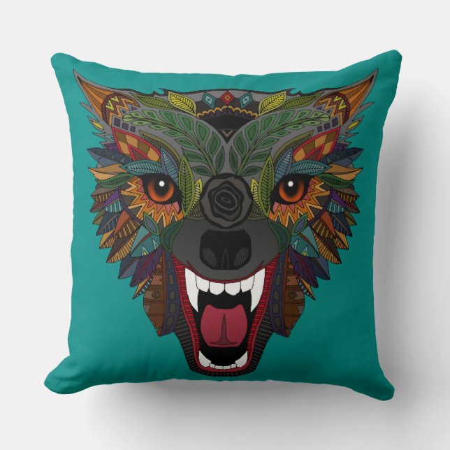 wolf fight flight teal throw pillow (Front)