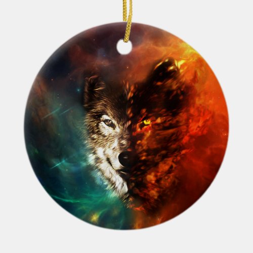 Wolf fire and ice ceramic ornament