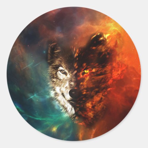 Wolf fire and ice classic round sticker