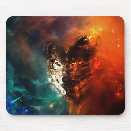 Wolf fire and ice mouse pad