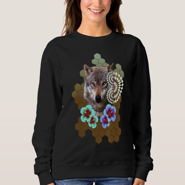 Wolf Floral Flower Alien Honeycomb Olive to Brown  Sweatshirt (Front)
