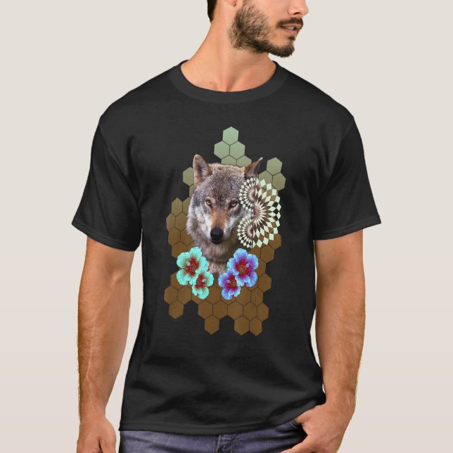 Wolf Floral Flower Alien Honeycomb Olive to Brown  T-Shirt (Front)