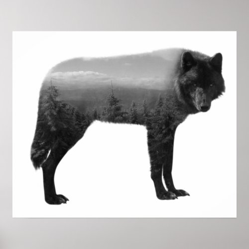 Wolf Forest Double Exposure Black White Poster