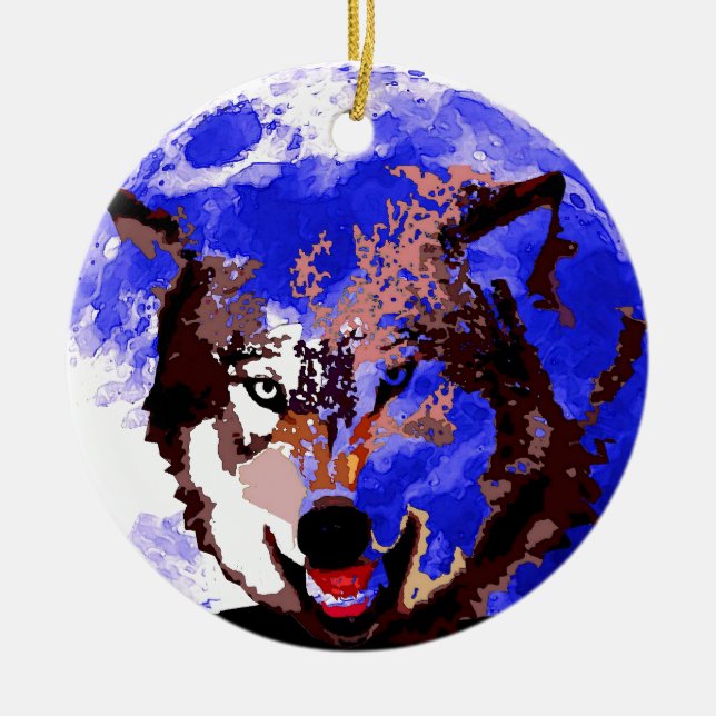 Wolf & Full Moon Ceramic Ornament (Front)