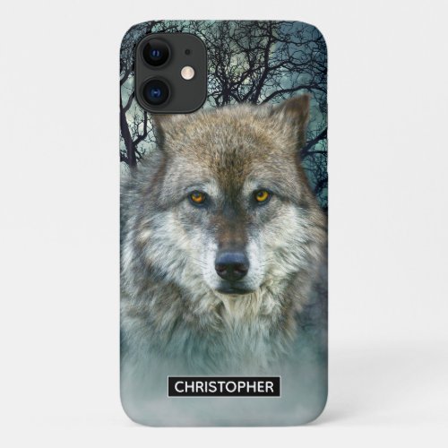 Wolf Full Moon in Fog  Add Your Name iPhone 11 Case