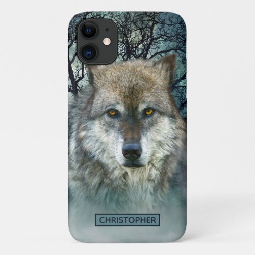 Wolf Full Moon in Fog  Add Your Name Dark iPhone 11 Case