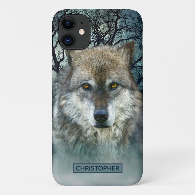 Wolf Full Moon in Fog | Add Your Name Dark Case-Mate iPhone Case (Back)