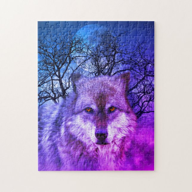 Wolf Full Moon in Fog Art | Purple Jigsaw Puzzle (Vertical)