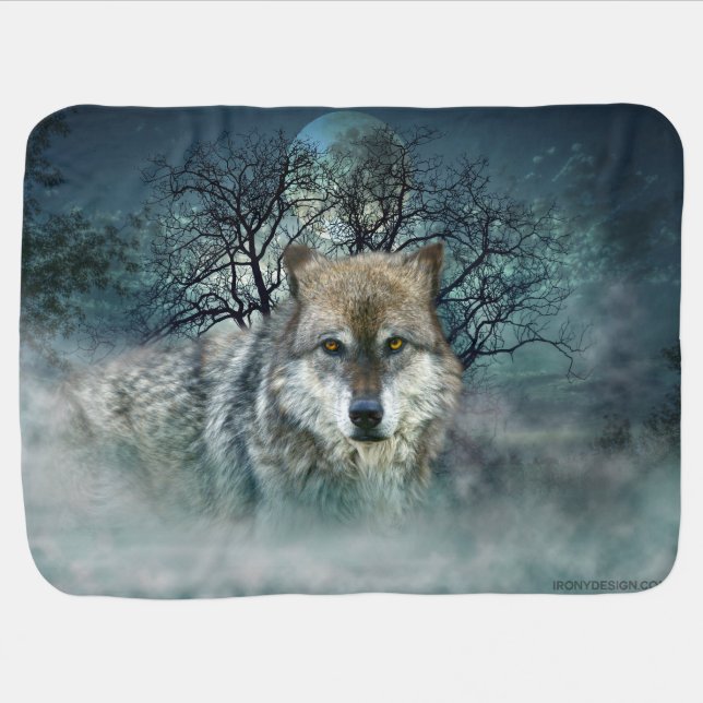 Wolf Full Moon in Fog Baby Blanket (Horizontal)
