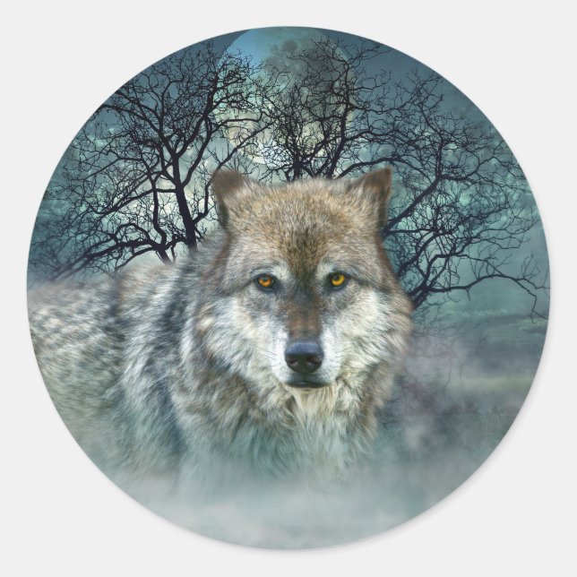 Wolf Full Moon in Fog Classic Round Sticker (Front)