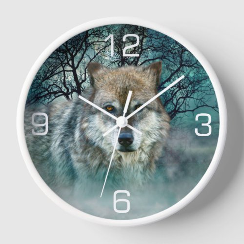 Wolf Full Moon in Fog Clock