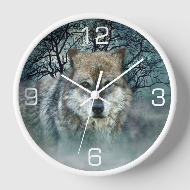 Wolf Full Moon in Fog Clock (Front)