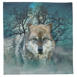 Wolf Full Moon in Fog Cloth Napkin
