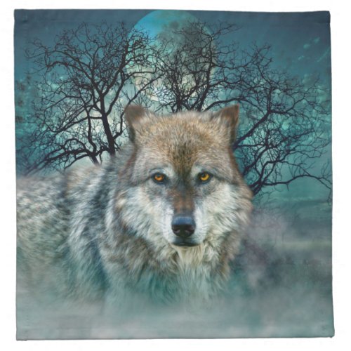 Wolf Full Moon in Fog Cloth Napkin