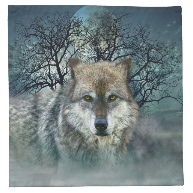 Wolf Full Moon in Fog Cloth Napkin (Front)