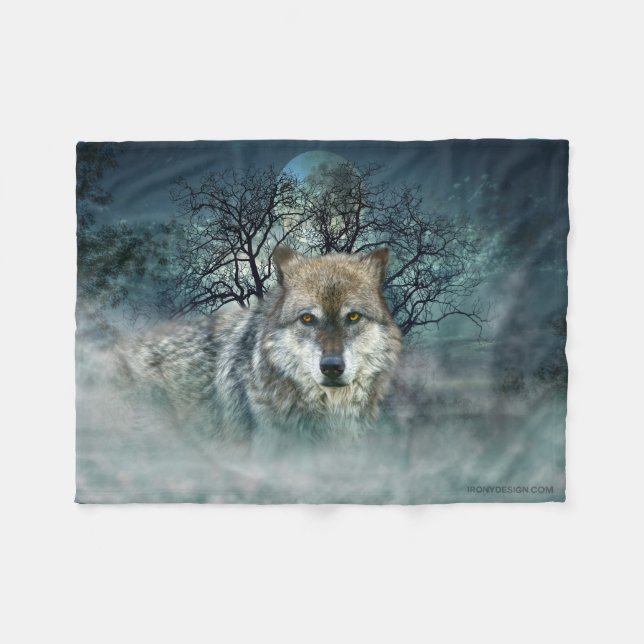 Wolf Full Moon in Fog Fleece Blanket (Front (Horizontal))