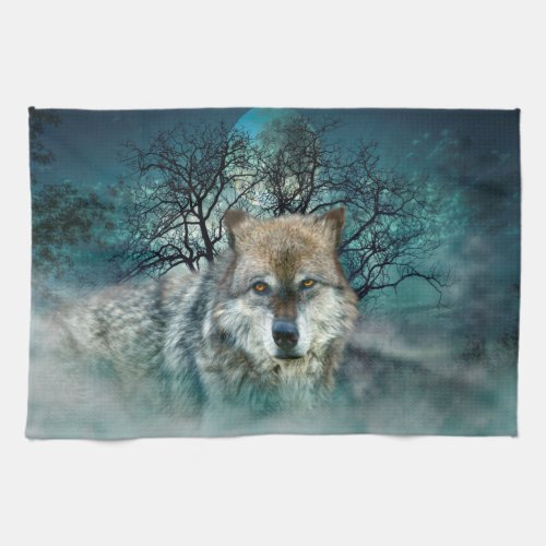 Wolf Full Moon in Fog Kitchen Towel