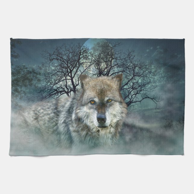Wolf Full Moon in Fog Kitchen Towel (Horizontal)