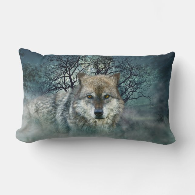 Wolf Full Moon in Fog Lumbar Pillow (Front)