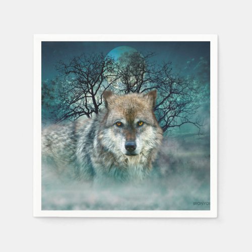 Wolf Full Moon in Fog Napkins