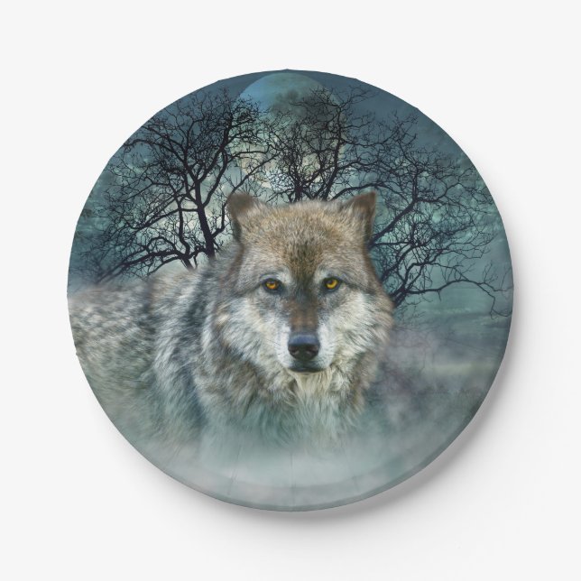Wolf Full Moon in Fog Paper Plates (Front)