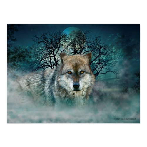 Wolf Full Moon in Fog Poster