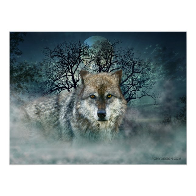 Wolf Full Moon in Fog Poster (Front)