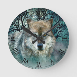 Wolf Full Moon in Fog Round Clock