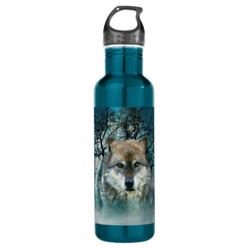 Wolf Full Moon in Fog Water Bottle