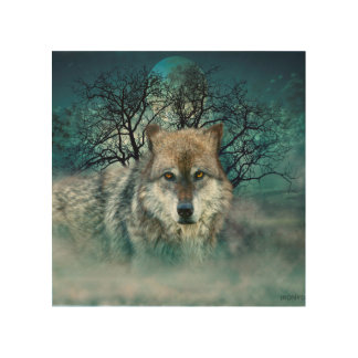 Wolf Full Moon in Fog Wood Wall Decor