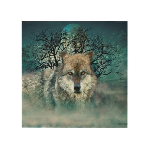 Wolf Full Moon in Fog Wood Wall Decor