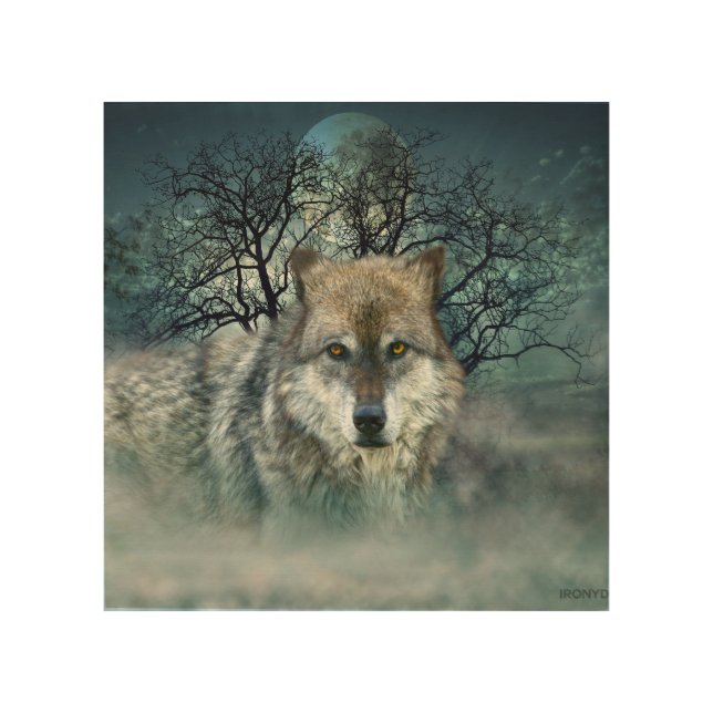 Wolf Full Moon in Fog Wood Wall Decor (Front)