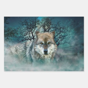 Wolf Full Moon In Fog Wrapping Paper Sheets by ironydesignphotos at Zazzle