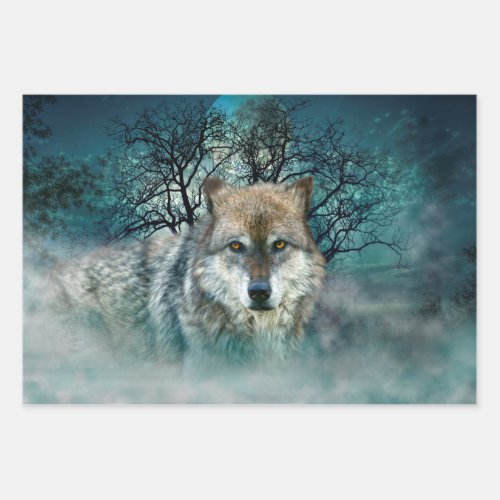 Wolf Full Moon in Fog Wrapping Paper Sheets