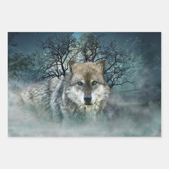 Wolf Full Moon in Fog Wrapping Paper Sheets (Front)