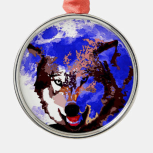 Wolf & Full Moon Metal Ornament