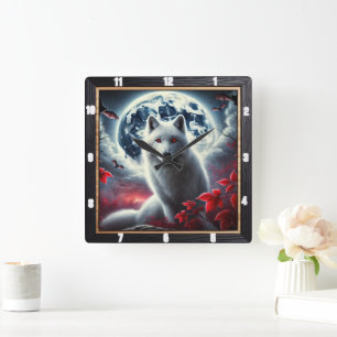 Wolf Full Moon  Mystical Bats in Vibrant Colors Square Wall Clock