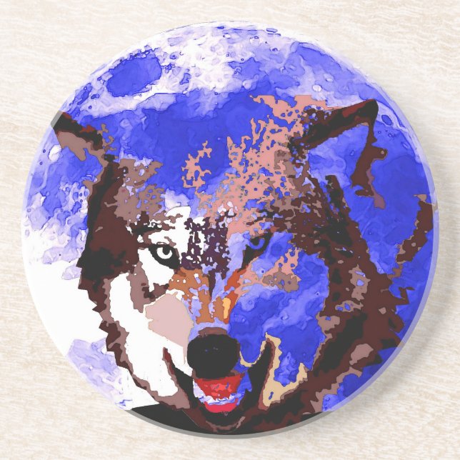 Wolf & Full Moon Sandstone Coaster (Front)