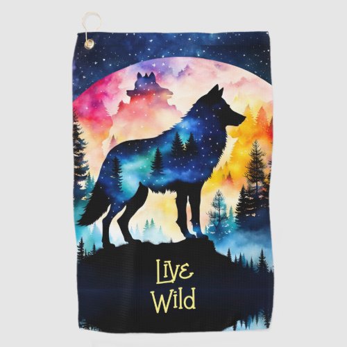 Wolf full moon watercolor trees golf towel