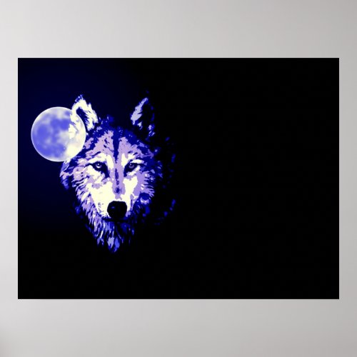 Wolf Fullmoon Blue Black Poster