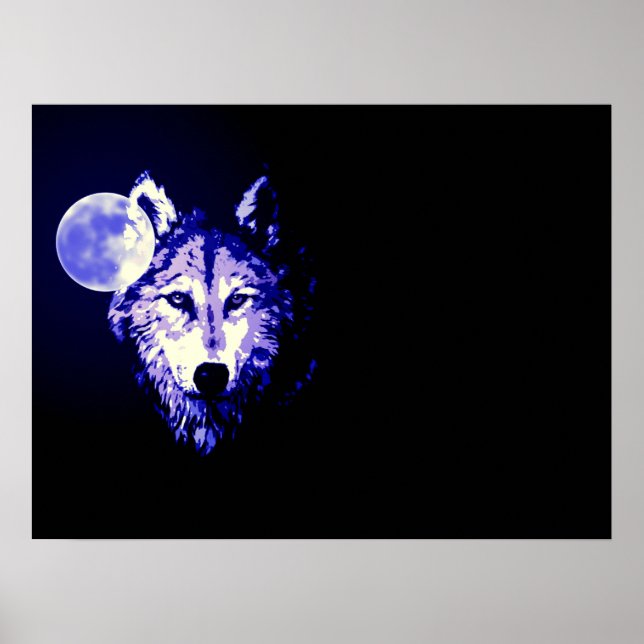 Wolf Fullmoon Blue Black Poster (Front)