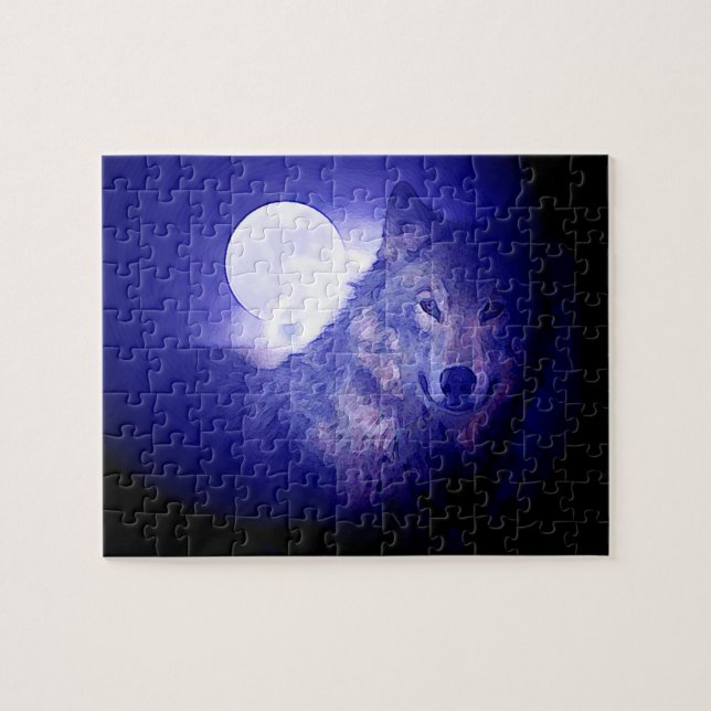 Wolf Fullmoon & Blue Night - Wild Animals Art Jigsaw Puzzle (Horizontal)