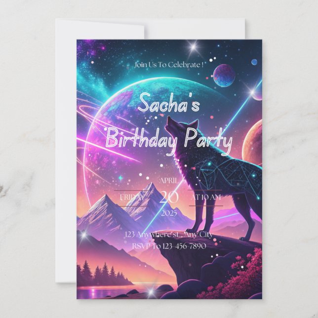 Wolf Galaxy Stars Cosmic Birthday Party Invitation (Front)