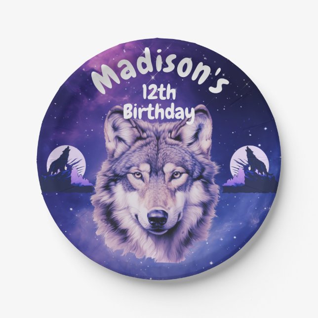 Wolf Galaxy Stars Cosmic Birthday Party  Paper Plates (Front)