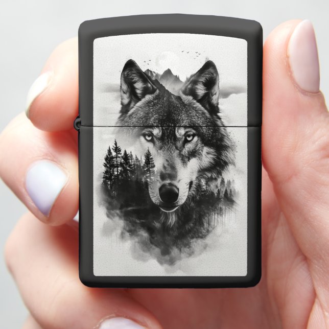 Wolf gazes through misty forest zippo lighter (In Hand)